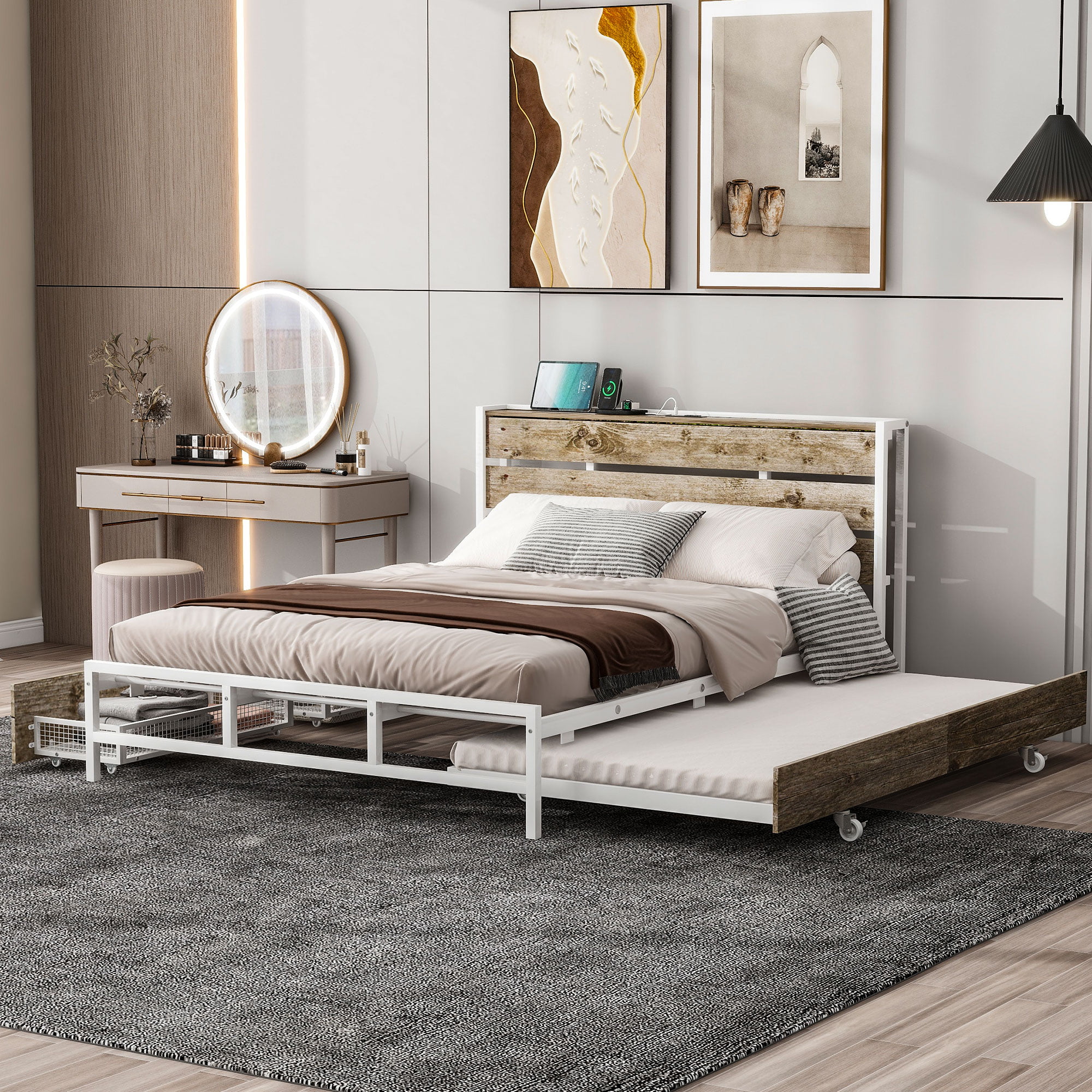 Metal Platform Bed With Drawers And Trundle, Sockets And USB Ports