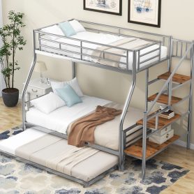 Twin Over Full Size Metal Bunk Bed With Trundle And Storage Staircase