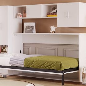 Twin Size Murphy Bed with Open Shelves and Storage Drawers, Built-in Wardrobe and Table