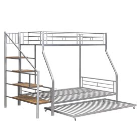Twin Over Full Size Metal Bunk Bed With Trundle And Storage Staircase