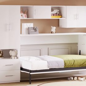 Twin Size Murphy Bed with Open Shelves and Storage Drawers, Built-in Wardrobe and Table