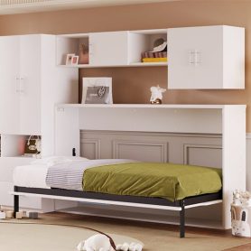 Twin Size Murphy Bed with Open Shelves and Storage Drawers, Built-in Wardrobe and Table