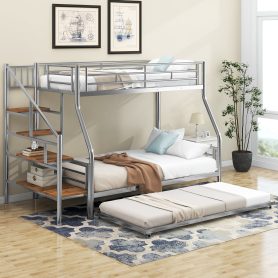 Twin Over Full Size Metal Bunk Bed With Trundle And Storage Staircase