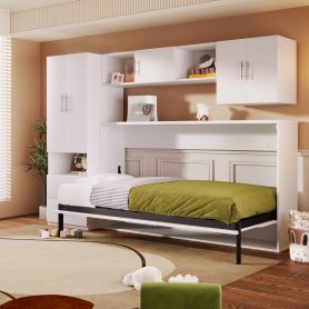 Twin Size Murphy Bed with Open Shelves and Storage Drawers, Built-in Wardrobe and Table