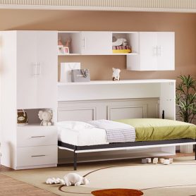 Twin Size Murphy Bed with Open Shelves and Storage Drawers, Built-in Wardrobe and Table