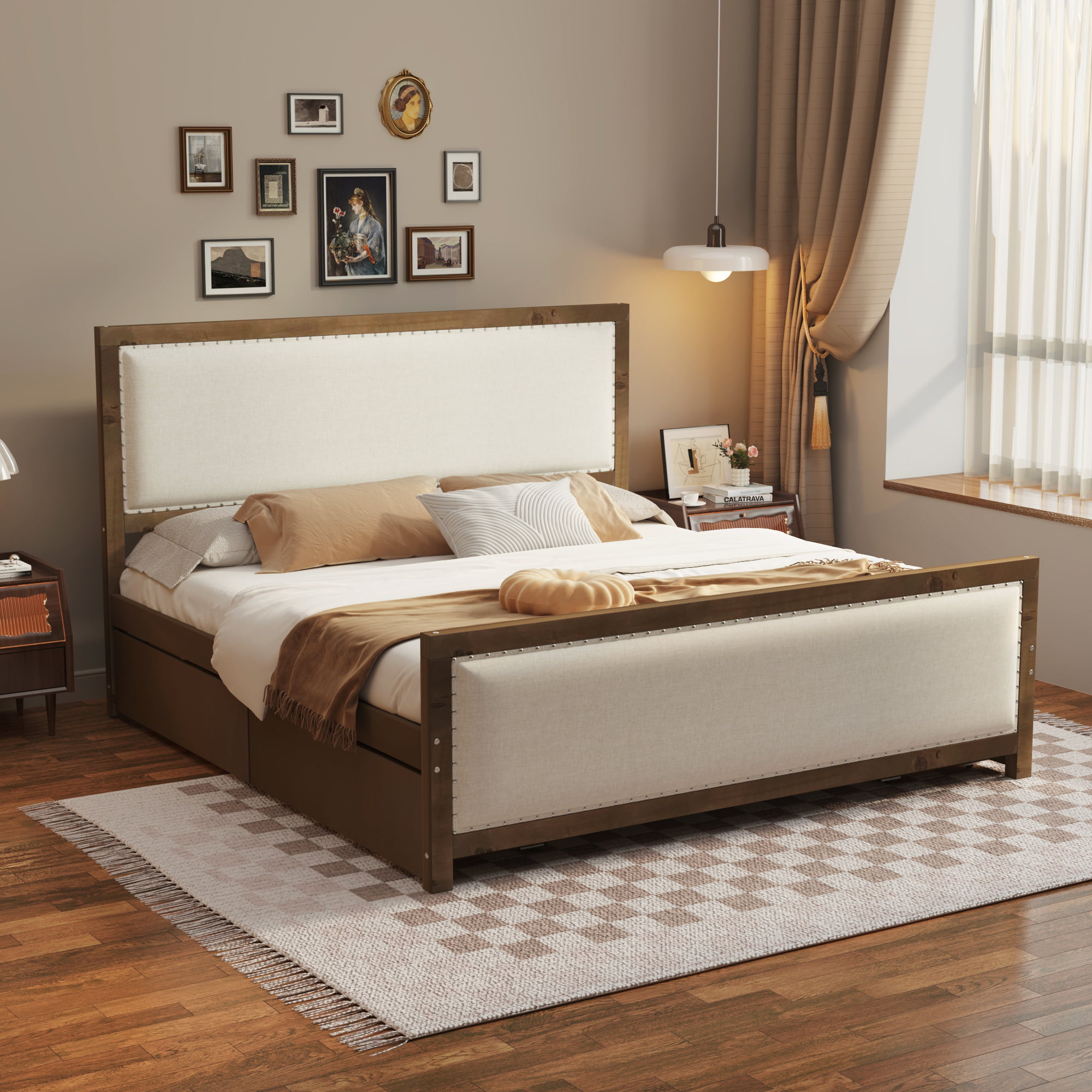 Queen Size Upholstered Platform Bed with Wood Frame and 4 Drawers