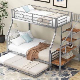 Twin Over Full Size Metal Bunk Bed With Trundle And Storage Staircase
