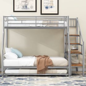 Twin Over Full Size Metal Bunk Bed With Trundle And Storage Staircase