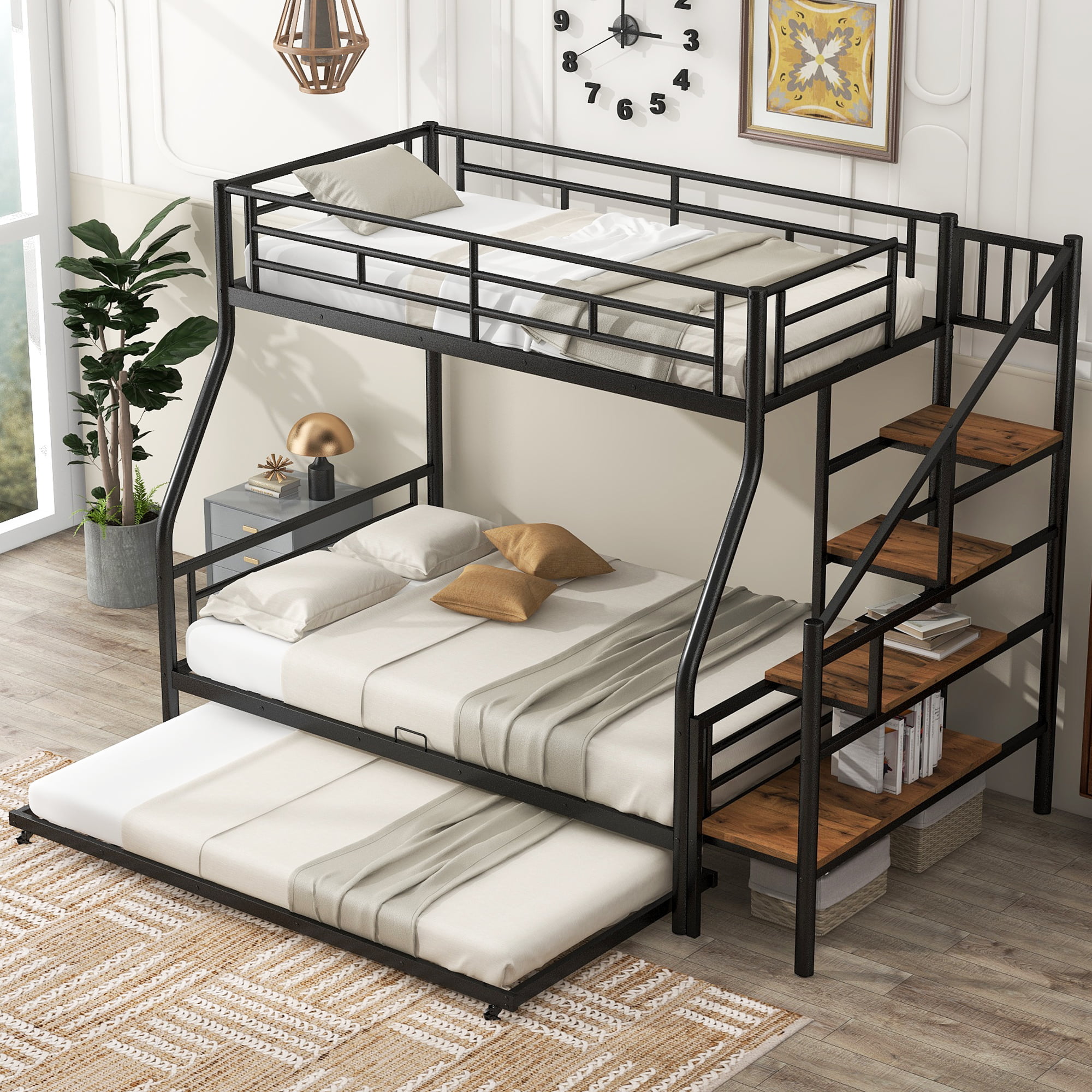 Twin Over Full Size Metal Bunk Bed With Trundle And Storage Staircase