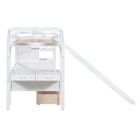 Twin over Twin Bunk Bed with Storage Staircase, Slide and Drawers, Desk with Drawers and Shelves