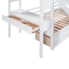 Twin over Twin Bunk Bed with Storage Staircase, Slide and Drawers, Desk with Drawers and Shelves