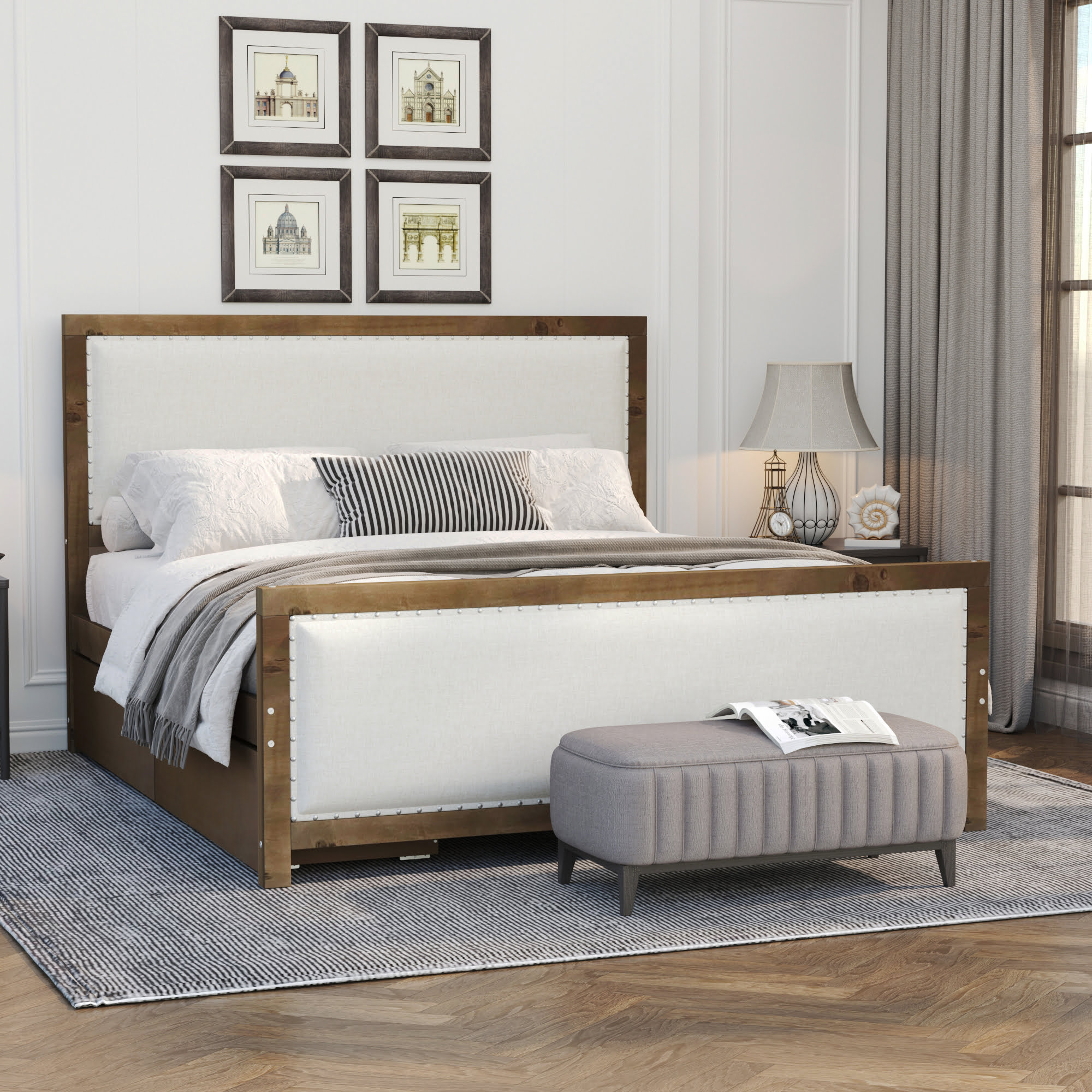 Full Size Upholstered Platform Bed with Wood Frame and 4 Drawers