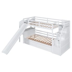 Twin over Twin Bunk Bed with Storage Staircase, Slide and Drawers, Desk with Drawers and Shelves