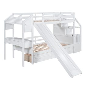 Twin over Twin Bunk Bed with Storage Staircase, Slide and Drawers, Desk with Drawers and Shelves