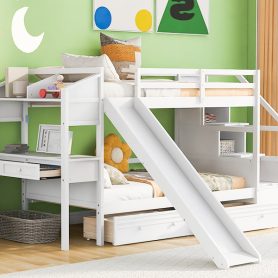 Twin over Twin Bunk Bed with Storage Staircase, Slide and Drawers, Desk with Drawers and Shelves