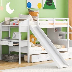 Twin over Twin Bunk Bed with Storage Staircase, Slide and Drawers, Desk with Drawers and Shelves