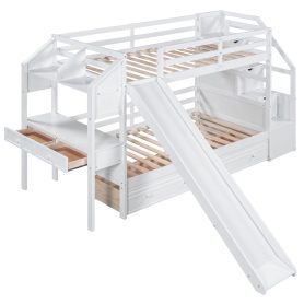 Twin over Twin Bunk Bed with Storage Staircase, Slide and Drawers, Desk with Drawers and Shelves