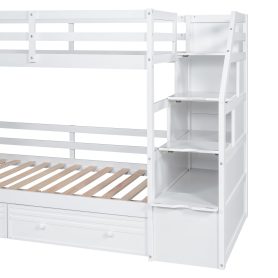 Twin over Twin Bunk Bed with Storage Staircase, Slide and Drawers, Desk with Drawers and Shelves