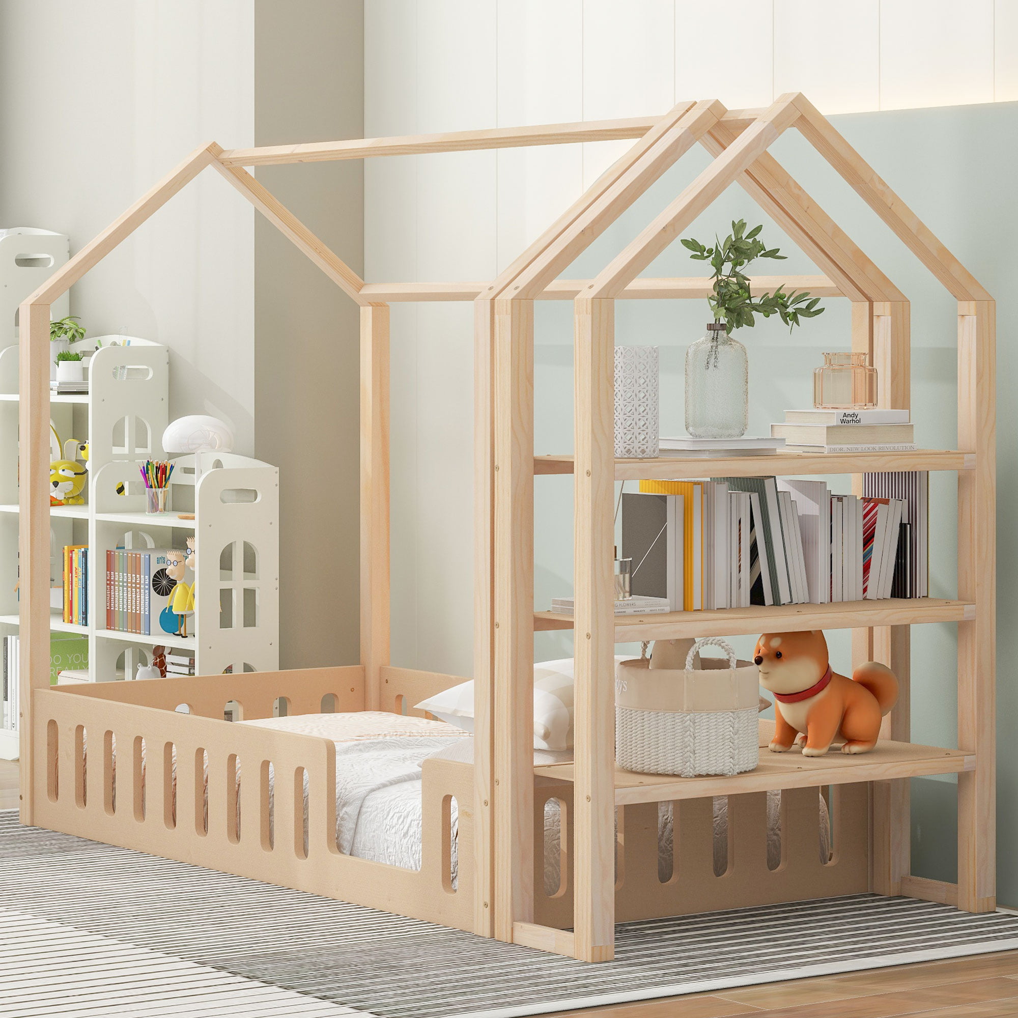 Twin Size Wood House Bed with Fence and Detachable Storage Shelves