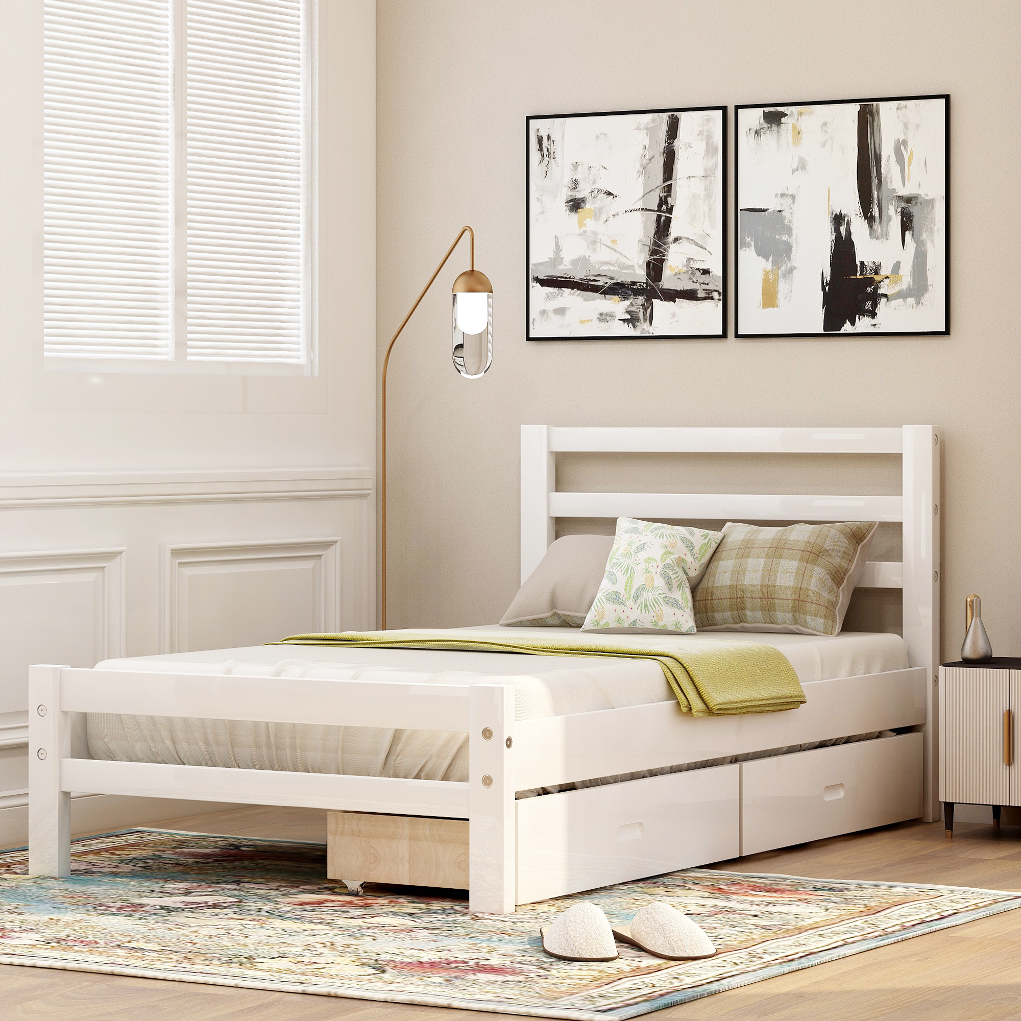 Twin Size Wood Platform Bed With Two Drawers