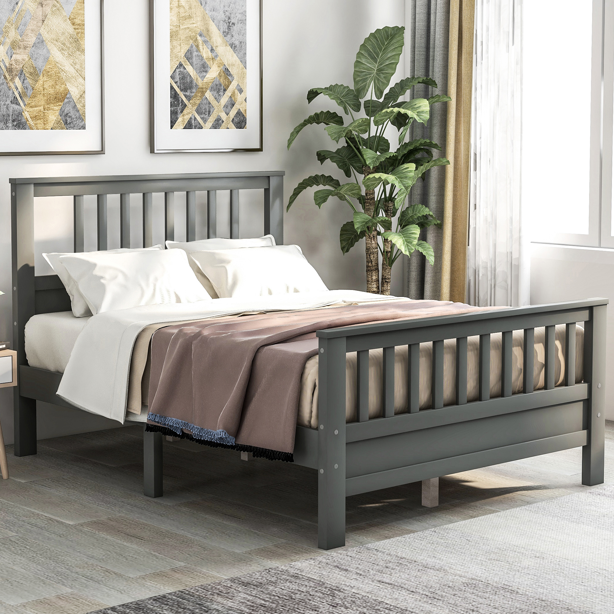 Wood Platform Bed with Headboard and Footboard, Full Size