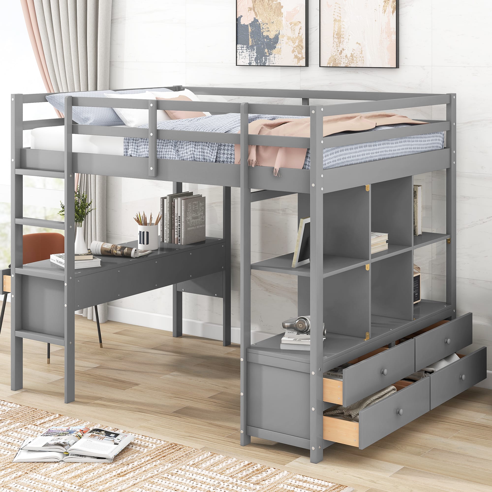 Full Size Loft Bed with Built-in Desk and Storage Shelves