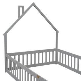Full House-Shaped Headboard Floor Bed with Fence