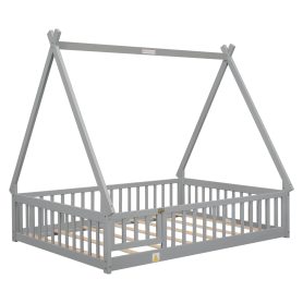 Full Size Tent-Shaped Floor Bed With Guardrails, Slats and Door