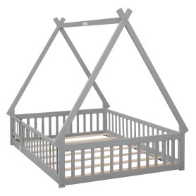 Full Size Tent-Shaped Floor Bed With Guardrails, Slats and Door