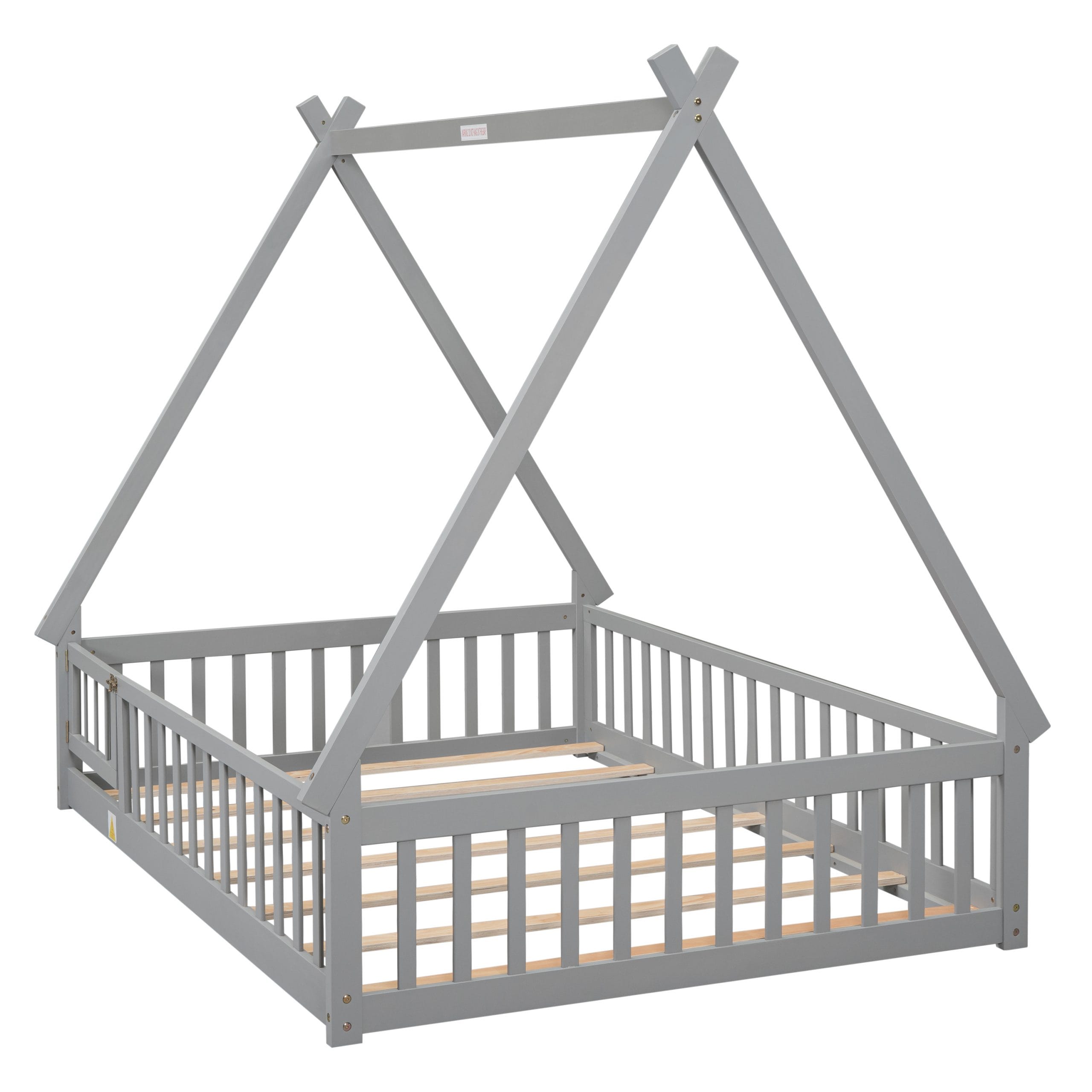 Full Size Tent-Shaped Floor Bed With Guardrails, Slats and Door 4 Full Size Tent-Shaped Floor Bed With Guardrails, Slats and Door