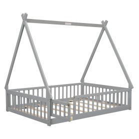 Full Size Tent-Shaped Floor Bed With Guardrails, Slats and Door