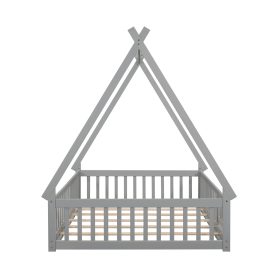 Full Size Tent-Shaped Floor Bed With Guardrails, Slats and Door