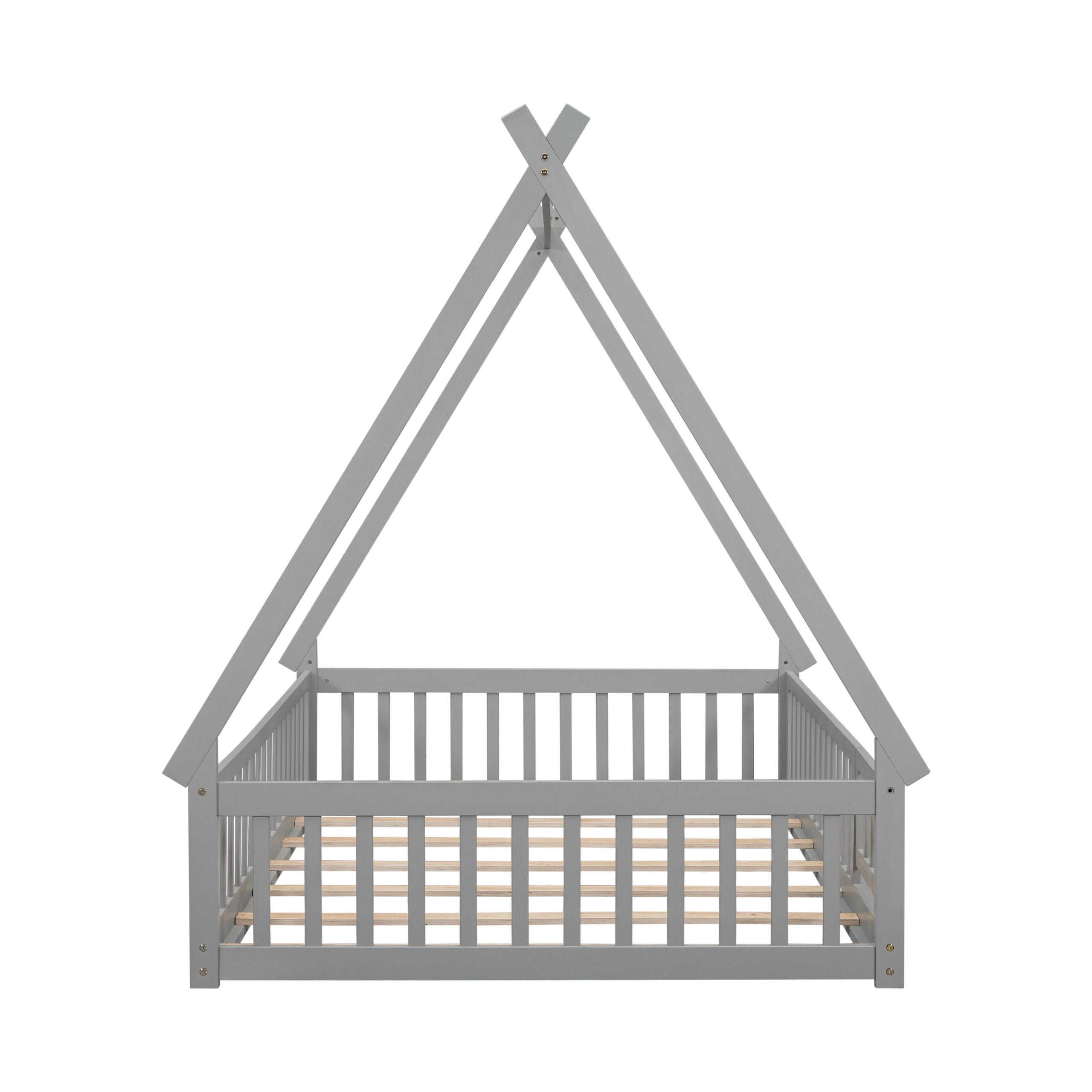 Full Size Tent-Shaped Floor Bed With Guardrails, Slats and Door 9 Full Size Tent-Shaped Floor Bed With Guardrails, Slats and Door