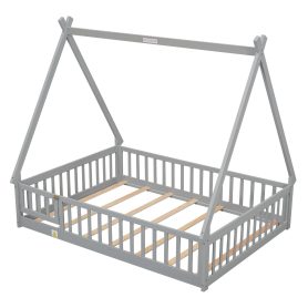 Full Size Tent-Shaped Floor Bed With Guardrails, Slats and Door