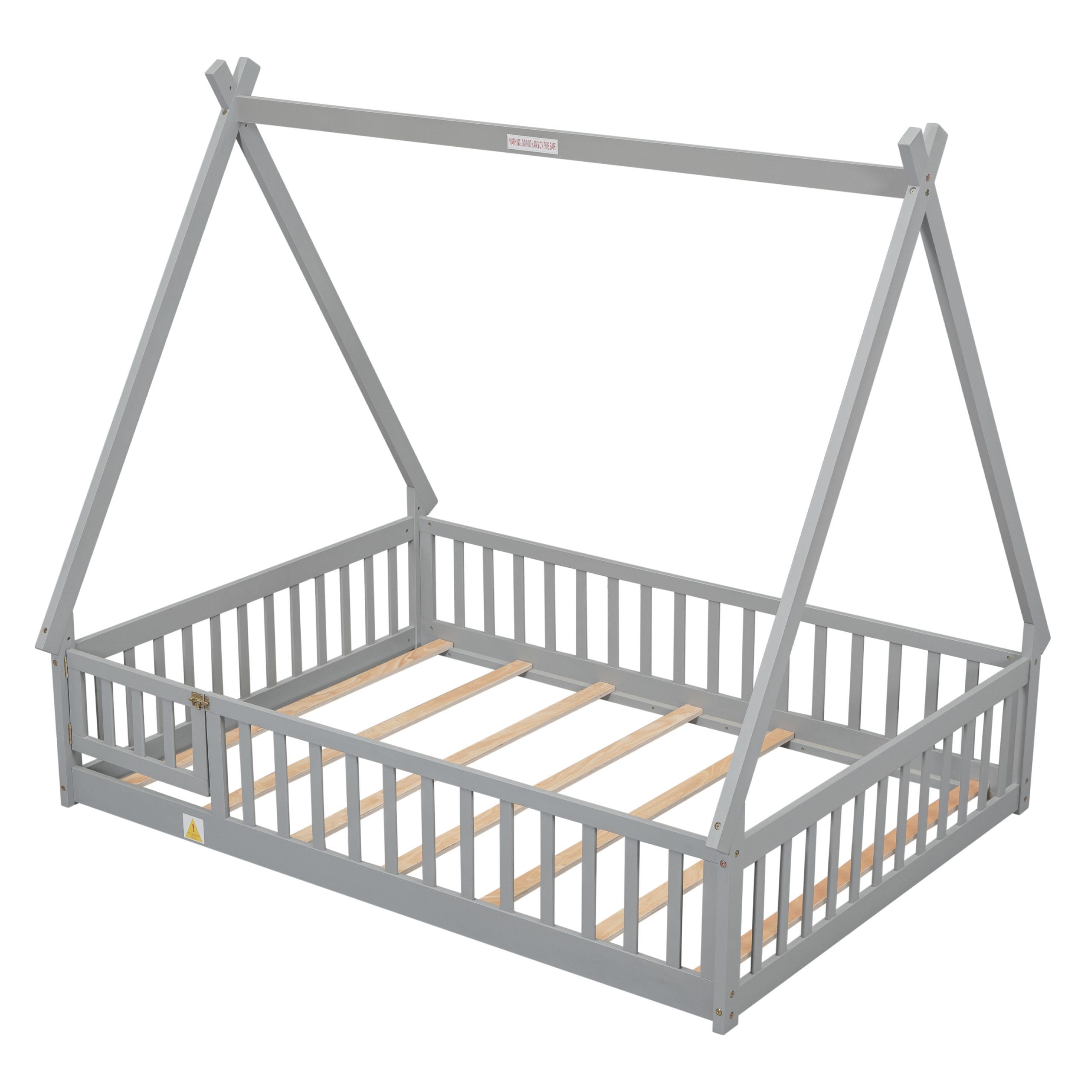 Full Size Tent-Shaped Floor Bed With Guardrails, Slats and Door 8 Full Size Tent-Shaped Floor Bed With Guardrails, Slats and Door