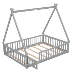 Full Size Tent-Shaped Floor Bed With Guardrails, Slats and Door