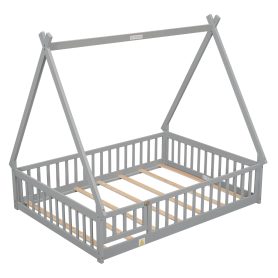 Full Size Tent-Shaped Floor Bed With Guardrails, Slats and Door
