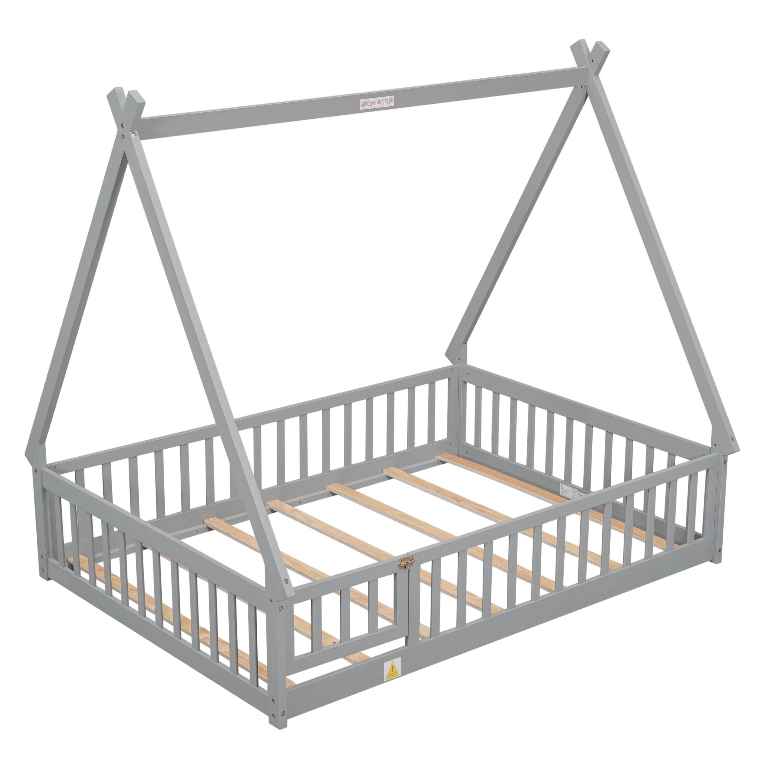 Full Size Tent-Shaped Floor Bed With Guardrails, Slats and Door 23 Full Size Tent-Shaped Floor Bed With Guardrails, Slats and Door