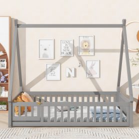 Full Size Tent-Shaped Floor Bed With Guardrails, Slats and Door
