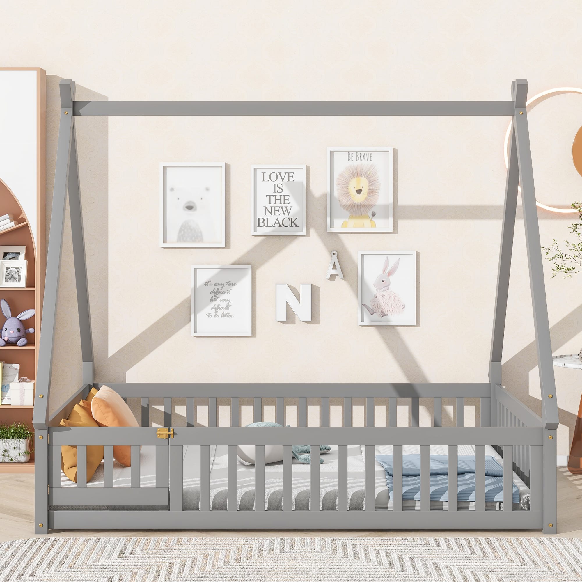 Full Size Tent-Shaped Floor Bed With Guardrails, Slats and Door 15 Full Size Tent-Shaped Floor Bed With Guardrails, Slats and Door