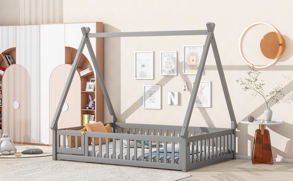 Full Size Tent-Shaped Floor Bed With Guardrails, Slats and Door 19 Full Size Tent-Shaped Floor Bed With Guardrails, Slats and Door