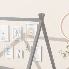 Full Size Tent-Shaped Floor Bed With Guardrails, Slats and Door