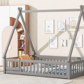 Full Size Tent-Shaped Floor Bed With Guardrails, Slats and Door