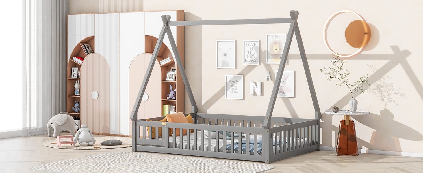 Full Size Tent-Shaped Floor Bed With Guardrails, Slats and Door 20 Full Size Tent-Shaped Floor Bed With Guardrails, Slats and Door