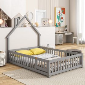 Full House-Shaped Headboard Floor Bed with Fence