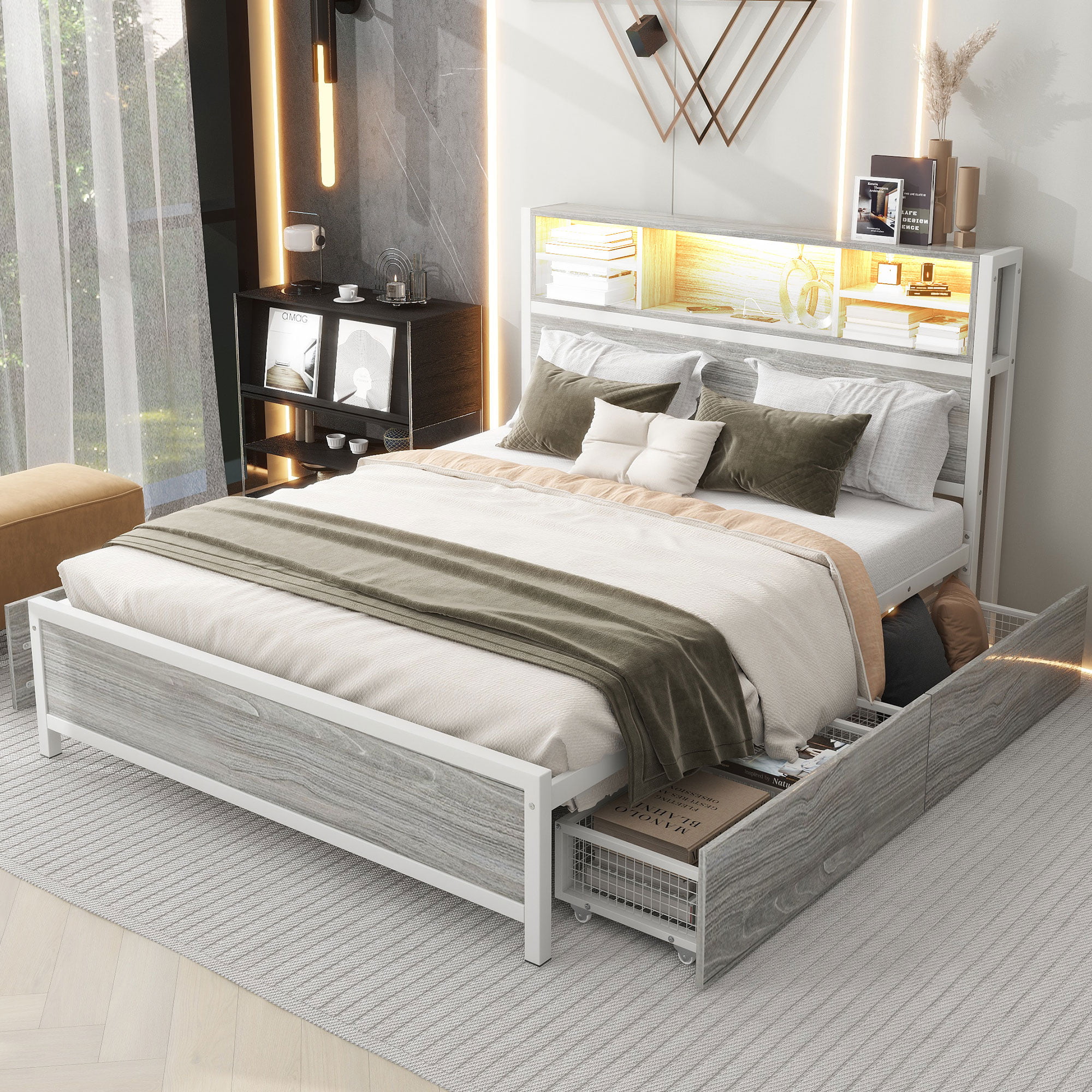 Queen Size Metal Platform Bed With 4 Drawers, Sockets And USB Ports