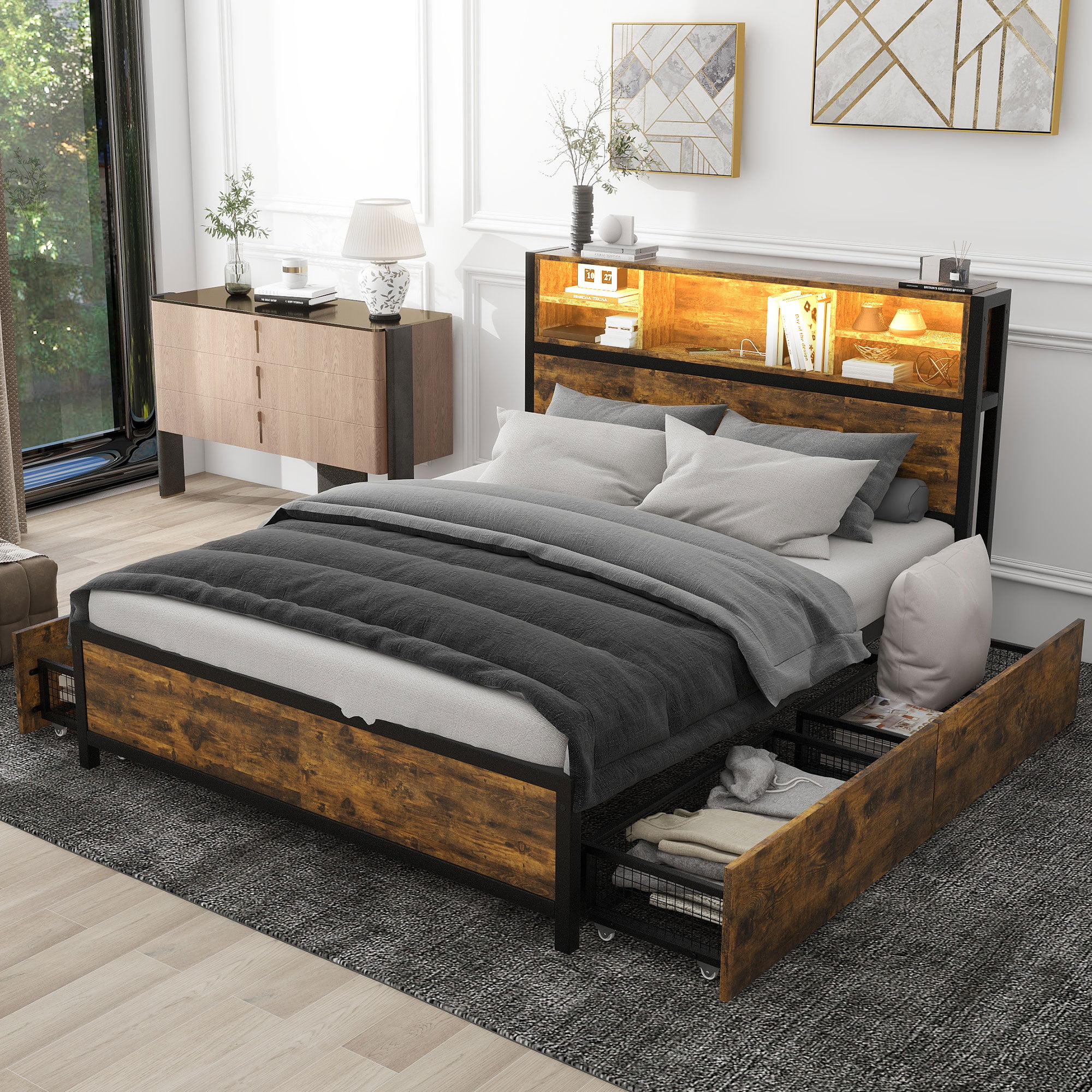 Queen Size Metal Platform Bed With 4 Drawers, Sockets And USB Ports