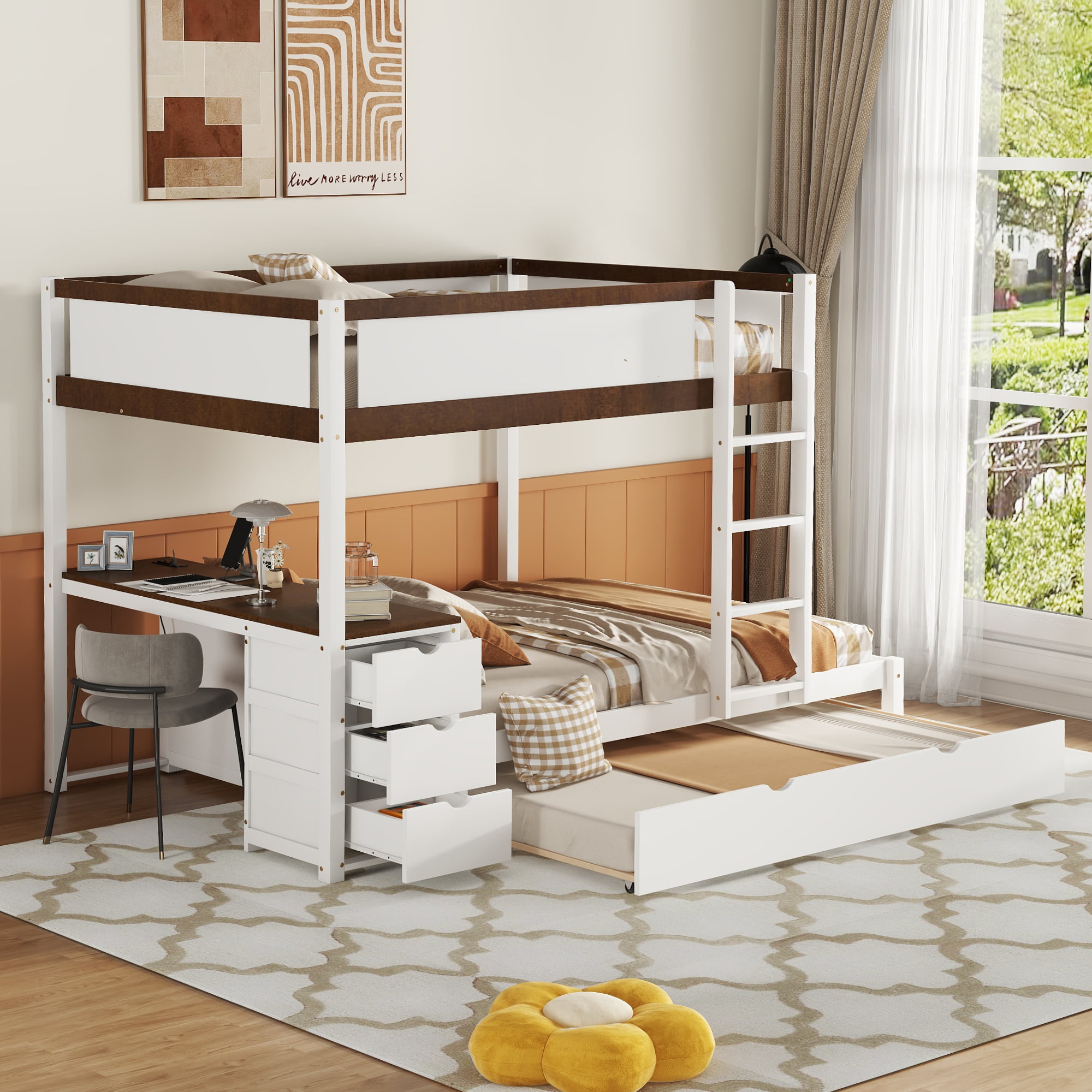 Full-Over-Full Bunk Bed With Twin Size Trundle, Storage And Desk