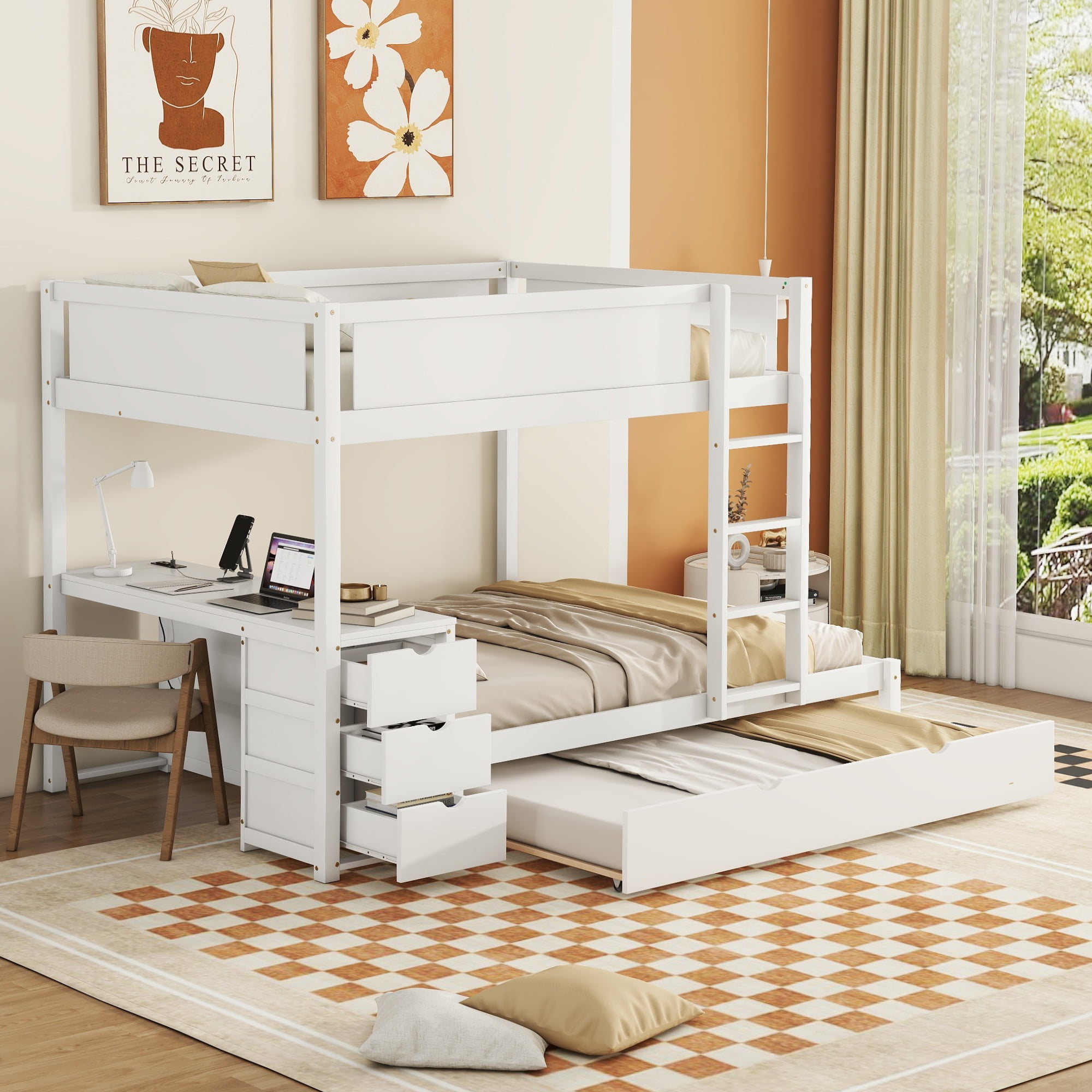 Full-Over-Full Bunk Bed With Twin Size Trundle, Storage And Desk