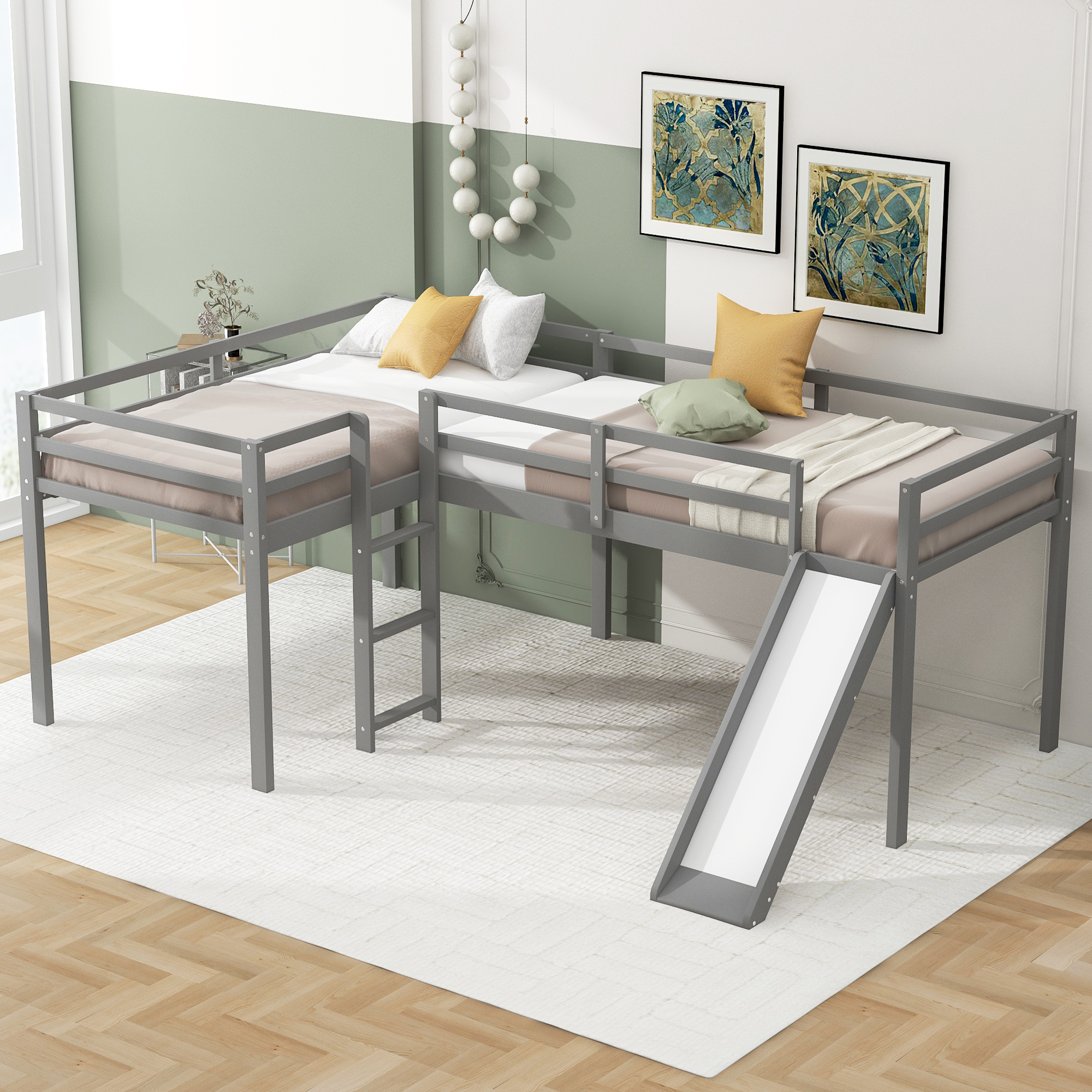 L-Shaped Twin Size Loft Bed with Ladder and Slide